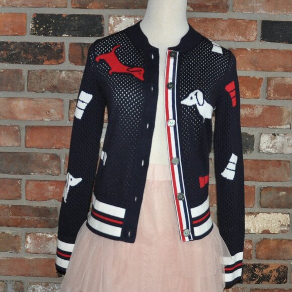 THOM BROWNE Pointelle Hector Bow Navy Wool Cardigan Intarsia-knit Sweater S - Picture 5 of 16